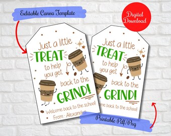 May include: Two white gift tags with the text "Just a little TREAT to help you get back to the GRIND!" and coffee cup illustrations. The tags are labeled "Editable Canva Template" and "Digital Download".
