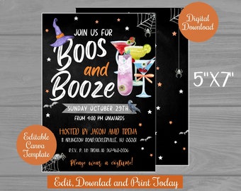 Boos and Booze Halloween Party Invite Printable,Adult Halloween Invitation Digital Download, Editable Halloween Party canva template