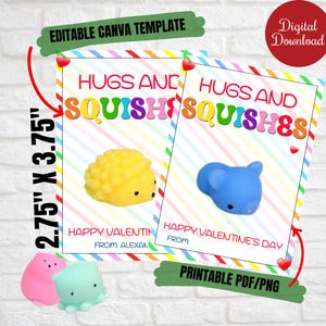 Squishy toys Valentine Cards for class, school favors, Hugs and Squishes, Class, Daycare Valentines, Non Candy Valentine gifts, Squishes tag