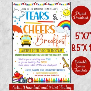 Dépliant du petit-déjeuner Tears and Cheers pour prise de force, PTA, affiche d'invitation au petit-déjeuner imprimable pour la rentrée, modèle toile modifiable, Boohoo yahoo