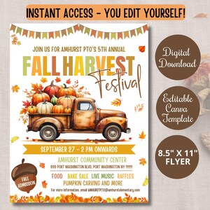 Pode incluir: Um folheto para o Fall Harvest Festival, com um caminhão vintage cheio de abóboras. O folheto inclui o texto "Fall Harvest Festival", "Instant Access - You Edit Yourself!" e detalhes do evento. O folheto mede 21,59 cm x 27,94 cm.