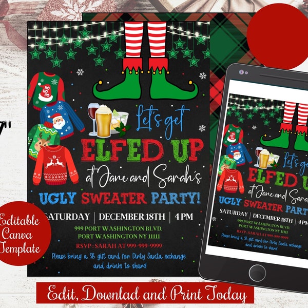 EDITABLE Christmas Let's get Elfed Up ugly Sweater Party Invite ,Drinks Sweater Invitation , holiday adult christmas party canva template