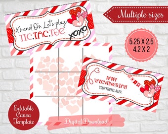 Printable Valentine Kisses Tic Tac Toe Treat Bag Topper and Card printable, XOXO Lets play tic tac toe, Editable class valentines, digital