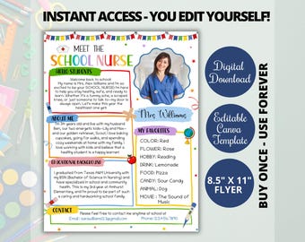 Bunt Treffen Sie die Schule Krankenschwester Brief Flyer, Zurück in die Schule Hinweis Krankenschwester Newsletter Klasse Willkommen Poster Bearbeitbare Canva Vorlage Download