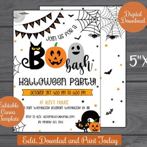 May include: A printable 5x7 inch Halloween party invitation with a black cat, ghost, and pumpkin. The invitation says "Join us for a Boo Bash Halloween Party!" and includes the date, time, and location of the party.