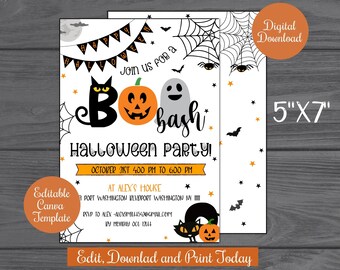 Halloween-feestuitnodiging afdrukbaar, Boo Bash schattige Halloween-uitnodiging digitale download, gepersonaliseerde canvassjabloon Halloween-feest