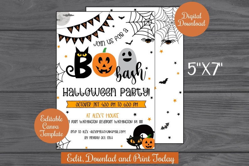 May include: A printable 5x7 inch Halloween party invitation with a black cat, ghost, and pumpkin. The invitation says "Join us for a Boo Bash Halloween Party!" and includes the date, time, and location of the party.