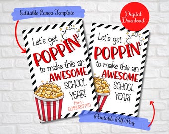 Back to school PopCorn gift tags, Let's get poppin' to make this an awesome school year , First day of school teacher,editable printable