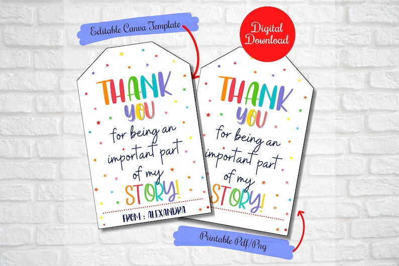 Puede incluir: Dos etiquetas de agradecimiento imprimibles con un texto "Gracias" e "Historia" en arco&iacute;ris. Las etiquetas est&aacute;n decoradas con estrellas y confeti de colores. El texto dice "&iexcl;Gracias por ser una parte importante de mi historia!" y "De: Alexandra".