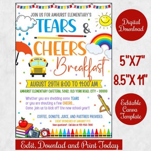 Tears and Cheers Breakfast Flyer for PTO, PTA, Printable Back to School Breakfast Invite Poster, Editable Canva template, Boohoo yahoo