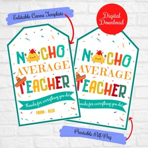 Etiquetas de regalo de agradecimiento editables para maestros promedio de Nacho, Semana de agradecimiento al personal docente, gracias por todo lo que hace, etiquetas de regalo de PTO, regalo de Chipotle