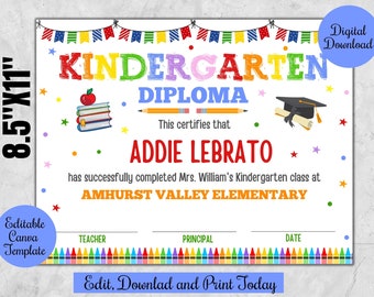 Editable Kindergarten Preschool graduation certificate Printable, Kindergarten Diploma,Preschool Diploma editable template, digital download