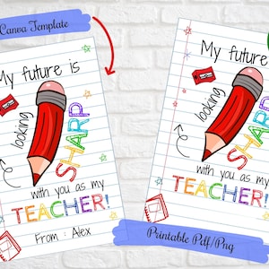 Il mio futuro sembra nitido con te come mio insegnante, etichetta regalo di materiale scolastico per insegnante, Canva digitale modificabile stampabile, Ritorno a scuola