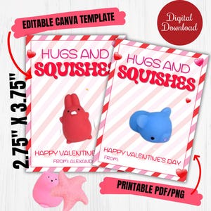 Squishy toys Valentine Cards for class, school favors, Hugs and Squishes, Class, Daycare Valentines, Non Candy Valentine gifts, Squishes tag