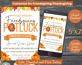 Friendsgiving Potluck Party Invite Printable, Thanksgiving Dinner Party Invitation Digital, friendsgiving evite, mobile invite template