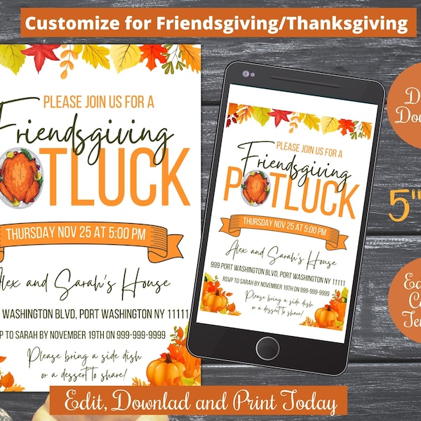 Friendsgiving Potluck Party Invite Printable, Thanksgiving Dinner Party Einladung Digital, friendsgiving evite, mobile Einladung Vorlage