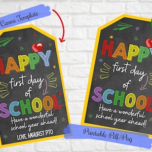 Feliz primeiro dia de aula Etiquetas para presentes para alunos, professores, Volta às aulas Etiquetas para presentes para crianças da escola, Canva digital editável para impressão