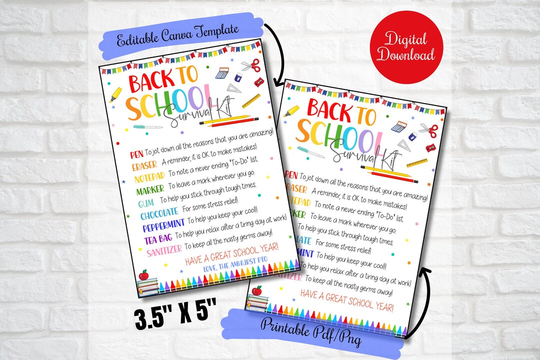 Editable Back to School Survival Kit, School Supplies Gift Tag ...