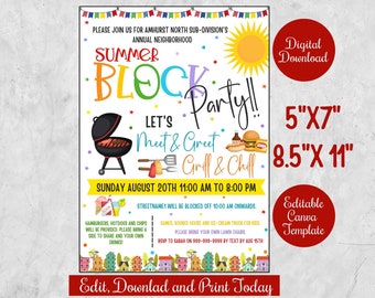 Invitación a fiesta vecinal de verano, folleto de barbacoa vecinal, encuentro vecinal, parrillada y relajación, plantilla de invitación a fiesta callejera de verano