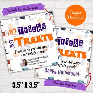 No tricks just treats referrals realtor tags, Realtor Halloween Pop By Tags, Business Marketing referral gift tags, real estate needs
