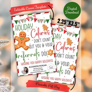 Pain d'épice de Noël pour agent immobilier, étiquette cadeau cookies pour les clients, les calories des fêtes ne comptent pas, les références comptent, étiquettes pop-by, étiquettes marketing immobilier