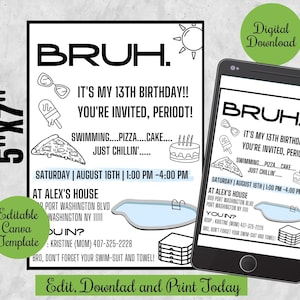 Bruh Geburtstag Pizza und Pool Party laden Telefon evite, Canva Digitale Vorlage, Hinterhof Teen Jungen Mädchen Geburtstag einladen, Teen Slang
