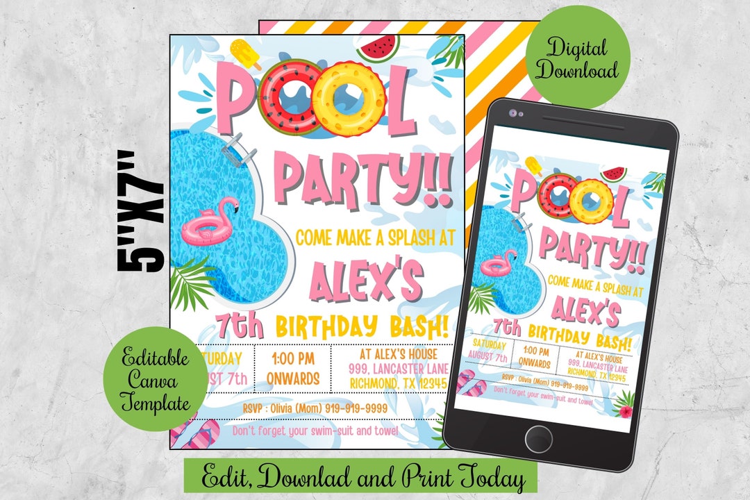 EDITABLE Pool Party Invite Phone Evite ,canva Digital Template, Pool ...