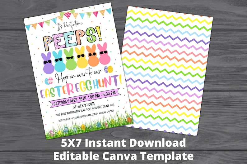May include: A printable 5x7 inch invitation template for an Easter egg hunt. The invitation features a colorful chevron pattern background and a cartoon image of five Peeps with sunglasses. The text reads "It's party time PEEPS! Hop on over to our Easter Egg Hunt! Saturday April 16th 1:00 PM - 4:00 PM at Alex's House 999 Port Washington Blvd, Port Washington NY 11111 RSVP to Alex - alexstardom@mail.com by Monday April 15th."