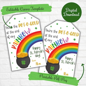 Etiquetas de regalo para el día de San Patricio para imprimir en clase, Eres la olla de oro al final de mi arcoíris, PTO, etiquetas para maestros de PTA para niños, regalos escolares