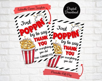 Popcorn appreciation gift tag,Just Poppin by to say Thank you gift tag, Teacher , Employee Appreciation week, National Popcorn day