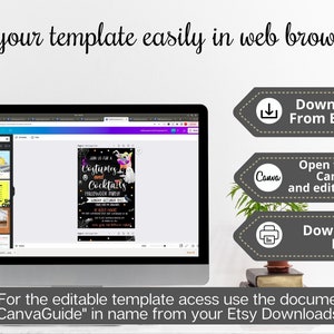 May include: A computer screen displaying a Canva template for a Halloween party invitation. The invitation features a black background with colorful text that reads "Join us for a Costumes and Cocktails Halloween Throwdown". The text is surrounded by spooky Halloween graphics, including a ghost, a witch's hat, and a skull. The image also includes three buttons with instructions on how to download and edit the template.