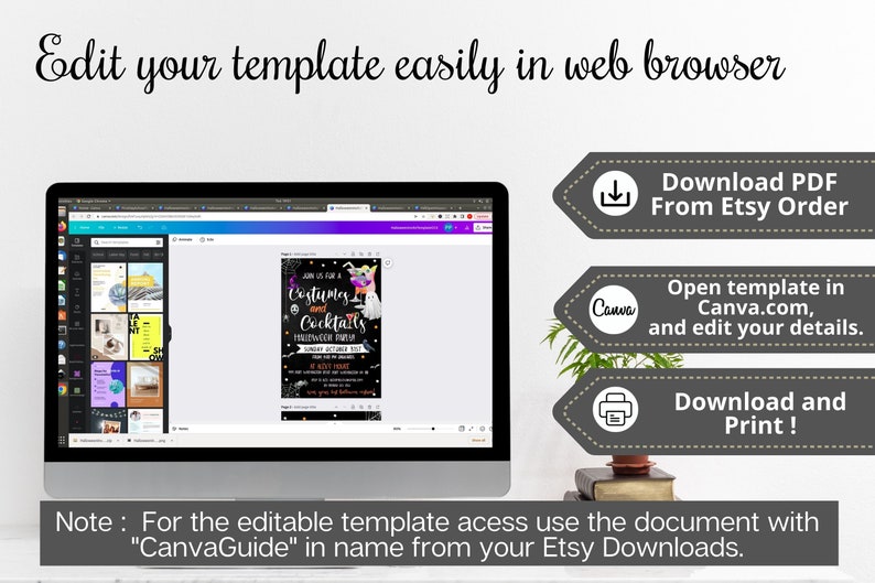 May include: A computer screen displaying a Canva template for a Halloween party invitation. The invitation features a black background with colorful text that reads "Join us for a Costumes and Cocktails Halloween Throwdown". The text is surrounded by spooky Halloween graphics, including a ghost, a witch's hat, and a skull. The image also includes three buttons with instructions on how to download and edit the template.