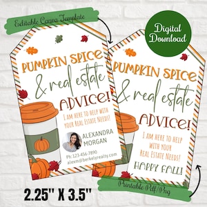 Realtor Fall gift tags,Pumpkin Spice and Real Estate Advice pop by tags,digital download printable,Business marketing for Real Estate