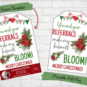 不動産業者のクライアントへのクリスマスの花のギフトタグ、あなたとあなたの紹介は私たちのビジネスの開花を助けます、不動産マーケティングタグ、不動産業者のポップバイ