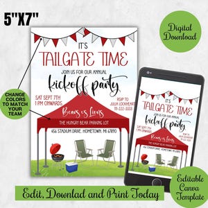 May include: A 5"x7" tailgate party invitation with a red tent graphic, text "It's Tailgate Time," and event details. Includes a digital download option and an editable Canva template. A smartphone displays the invitation.