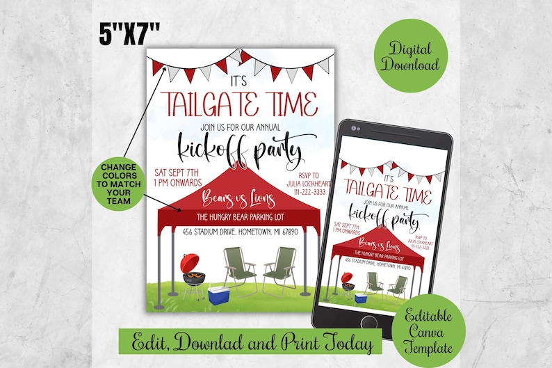 May include: A 5"x7" tailgate party invitation with a red tent graphic, text "It's Tailgate Time," and event details. Includes a digital download option and an editable Canva template. A smartphone displays the invitation.
