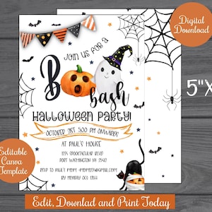 Halloween Party Invite Printable,Boo Bash watercolor Halloween Invitation Digital Download, Personalized Halloween Party canva template