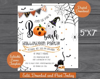 Halloween Party Invite Printable,Boo Bash watercolor Halloween Invitation Digital Download, Personalized Halloween Party canva template