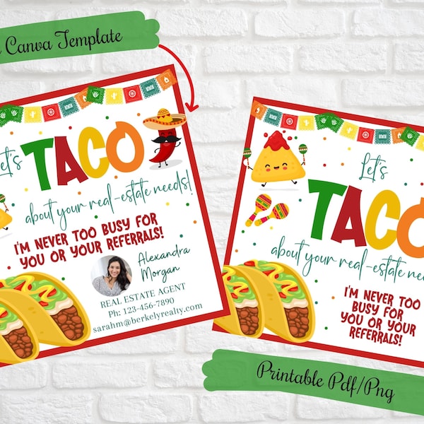 Realtor Cinco De Mayo Pop By gift tags for clients, Let's taco about real estate, Mexican fiesta Business marketing tags, Notary Pop by