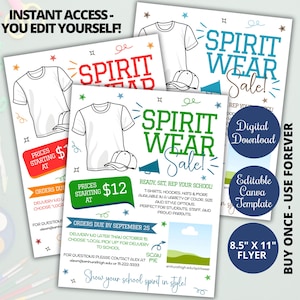May include: A flyer promoting a spirit wear sale, featuring a white t-shirt and baseball cap illustration. The flyer includes text such as "Spirit Wear Sale!" and "Digital Download". The flyer is 8.5" x 11" and is an editable Canva template.