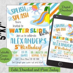 Water Slide birthday invitation,Backyard Pool party digital invite Evite, Personalized Splash Party canva template printable