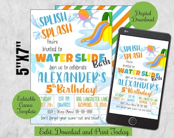 Waterglijbaan verjaardagsuitnodiging, Achtertuin Zwembad feest digitale uitnodiging Evite, Gepersonaliseerde Splash Party canva sjabloon afdrukbaar