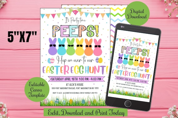 EDITABLE Easter Egg Hunt Party invite evite ,Party with my peeps Easter Invitation Digital, Easter Day Egg Hunt canva template