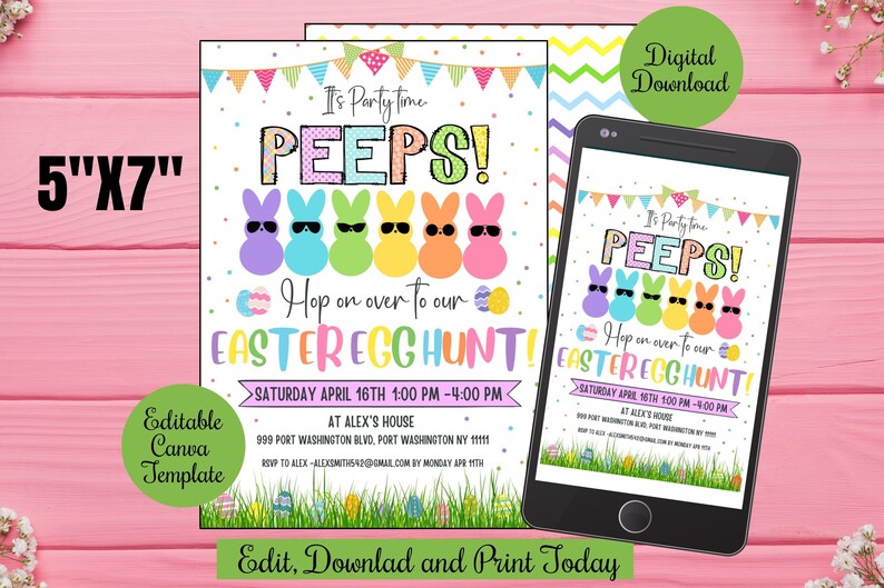 May include: Editable 5x7 inch invitation template for an Easter egg hunt with a Peeps theme. The invitation features a colorful design with Peeps wearing sunglasses and the text "It's Party time PEEPS! Hop on over to our Easter Egg Hunt!"  The invitation also includes the date, time, and location of the event.