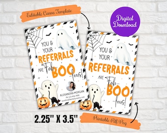 May include: Two Halloween-themed cards with the text "YOU & YOUR REFERRALS ARE Fab-BOO-lous!" featuring ghosts, pumpkins, and spiderwebs. The cards are 2.25" x 3.5" and include a "Digital Download" and "Editable Canva Template" label.