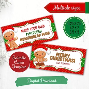 Faça seus próprios toppers de saco de guloseimas de boneco de gengibre de massinha de modelar, etiquetas dobráveis de Natal editáveis, etiqueta de presente de massinha de modelar para alunos de creche e jardim de infância