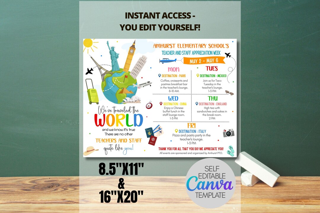 International Theme Teacher Appreciation Week Itinerary Canva Template ...
