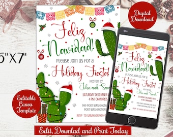 May include: A 5x7 inch printable invitation for a holiday fiesta. The invitation features a festive cactus with Christmas lights and a Santa hat. The text reads "Feliz Navidad! Please join us for a Holiday Fiesta! Hosted by John and Sarah. Saturday December 18th, 4 PM onwards. 999 Port Washington, Port Washington. RSVP to Sarah on 999-999-9999."