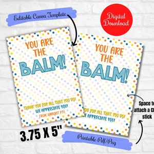 Vous êtes le baume, bâton de baume pour la semaine de l'appréciation des enseignants, étiquettes cadeaux pour baume à lèvres, modèle canva modifiable, appréciation des bénévoles de l'assistant du personnel