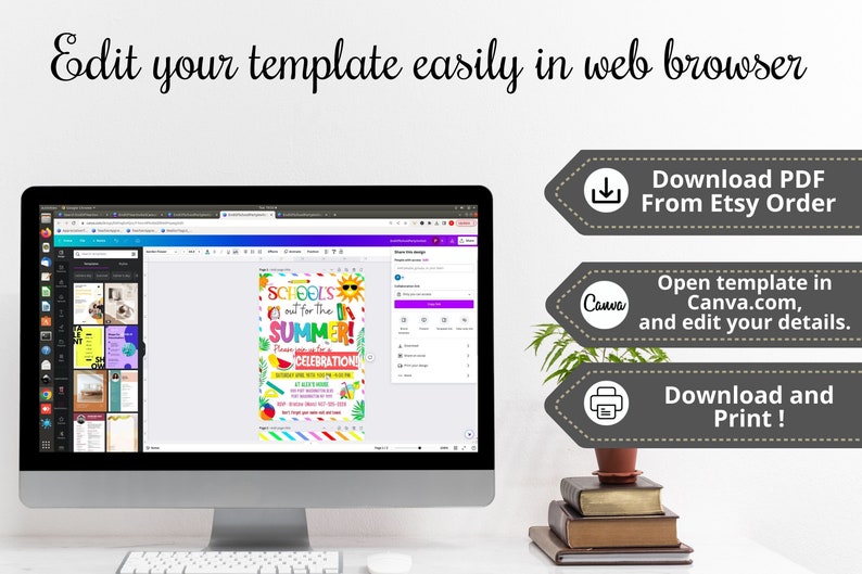 May include: A computer screen displaying a Canva.com website with a colorful summer party invitation template. The text on the template reads "Schools out for the Summer!" and "Please join us for our Summer Celebrations". The image also includes instructions on how to download the template from Etsy and edit it in Canva.